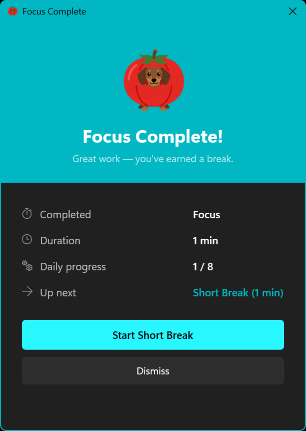 Session completion popup with statistics